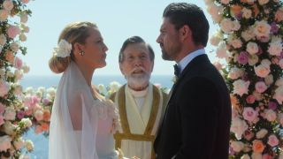Blake Lively and Michele Marrone stand happily at the altar on their wedding day in Another Simple Favor.
