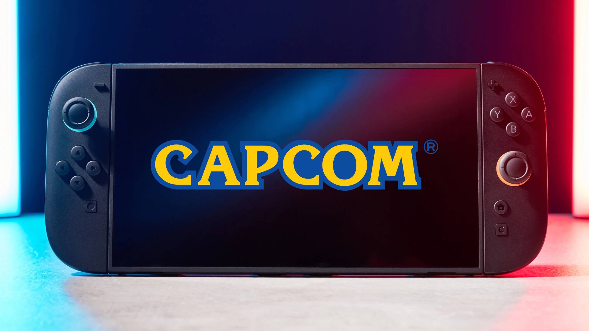 A Nintendo Switch 2 console displaying the Capcom logo