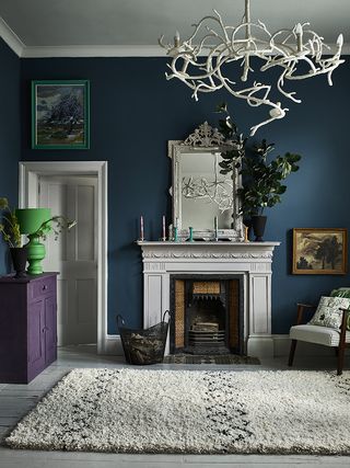 navy and white living room