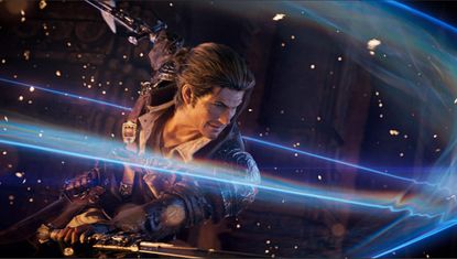 A character in Final Fantasy 14 wields dual swords