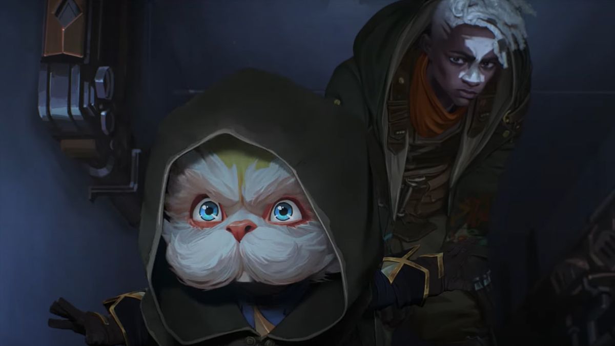 Heimerdinger and Ekko sneak through an air vent in Arcane season 2 on Netflix