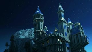 Best Minecraft servers - Herobrine server with an ominous castle on a cliff beneath the night sky.