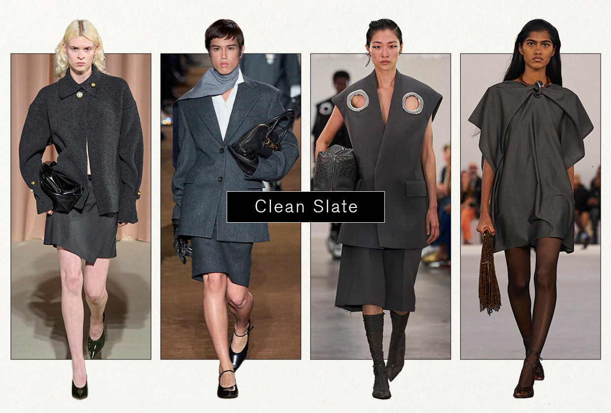 a collage of models wearing slate gray clothing on the spring and fall 2024 runways