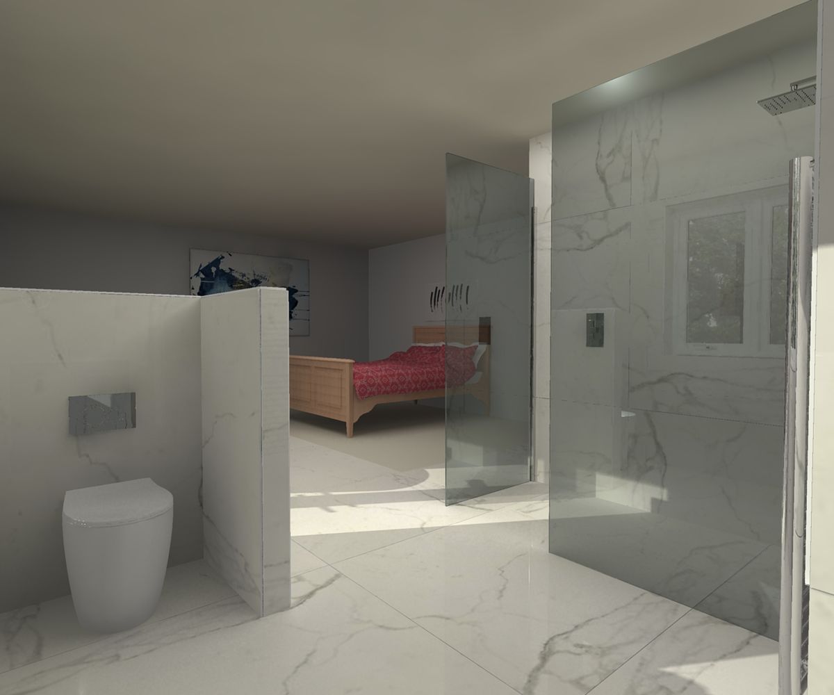 3D mock ups of open plan bathroom layout with marble tiles, glass screens, half height wall around toilet, freestanding bath, french doors and wooden bed with red covers