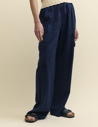 Navy Linen-Blend Wide Leg Utility Trousers
