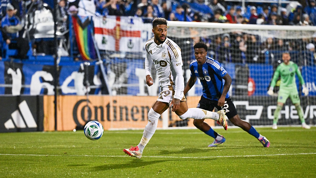 Denis Bouanga #99 of Los Angeles Football Club runs after the ball during the second half against CF Montréal at Saputo Stadium on May 24, 2025 in Montreal, Quebec, Canada. CF Montréal and Los Angeles Football Club finish in a 2-2 draw. 