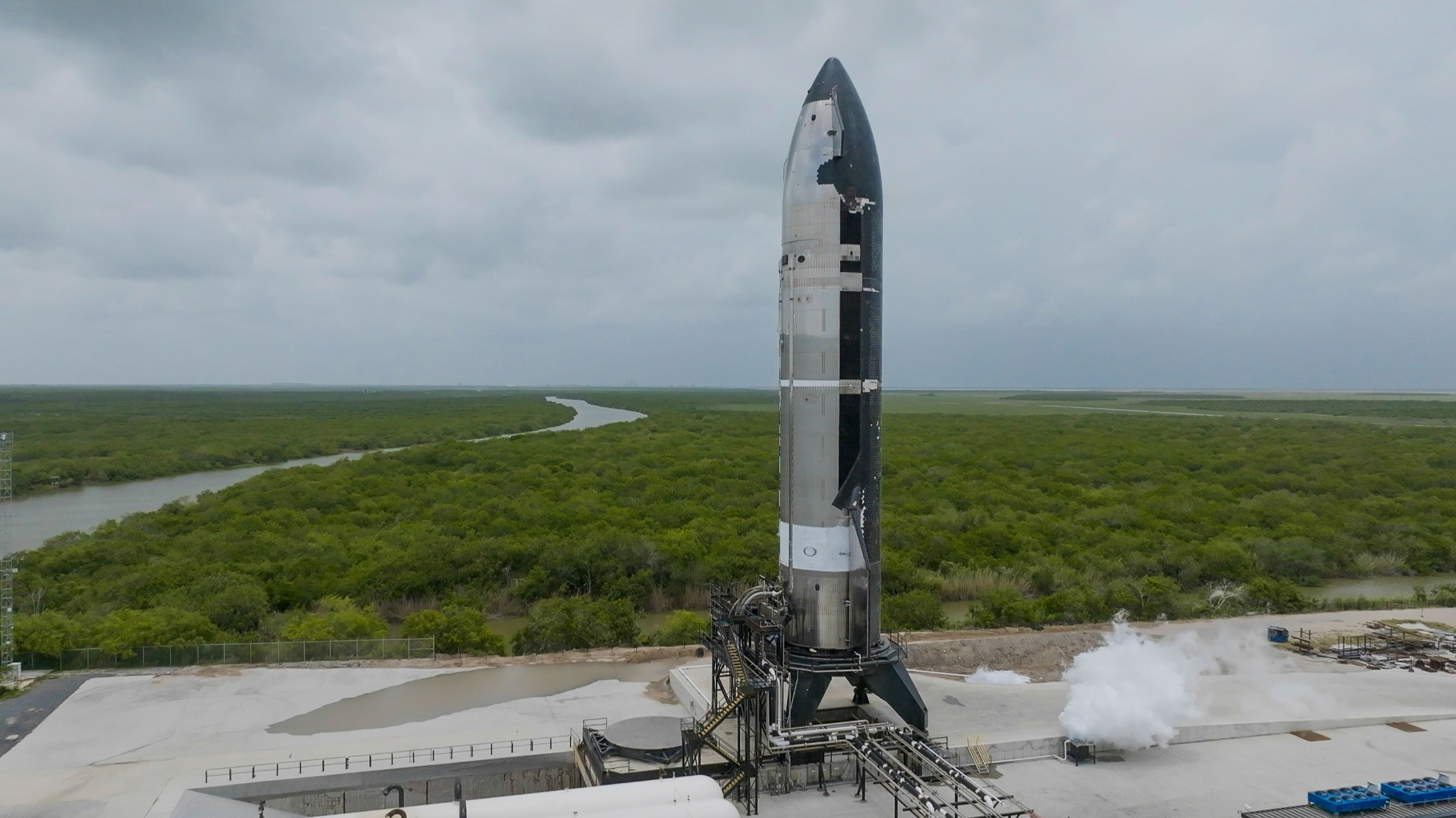 A Starship upper stage on the test stand at the Massey&#039;s site at SpaceX&#039;s Starbase facility in South Texas.