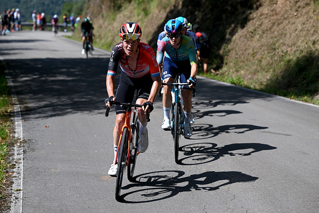 L&#039;ANGLIRU, SPAIN - SEPTEMBER 05: Bob Jungels of Luxembourg and Team INEOS Grenadiers attacks in the breakaway during the La Vuelta - 80th Tour of Spain 2025, Stage 13 a 203.7km stage from Cabezon de la Sal to L&#039;Angliru 1556m / #UCIWT / on September 05, 2025 in L&#039;Angliru, Spain. (Photo by Dario Belingheri/Getty Images)