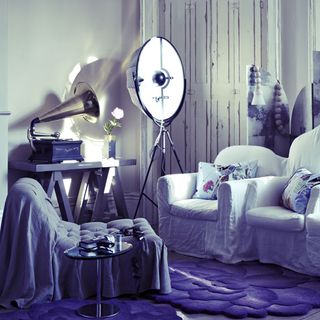 glamorous lilac and cream and vintage gramophone in living room