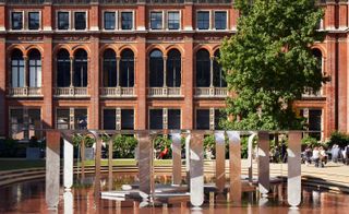 An installation by Nebbia Works at the Victoria and Albert Museum, featuring a perforated sheet of aluminium creating shade on the fountain in the John Madejski Garden 