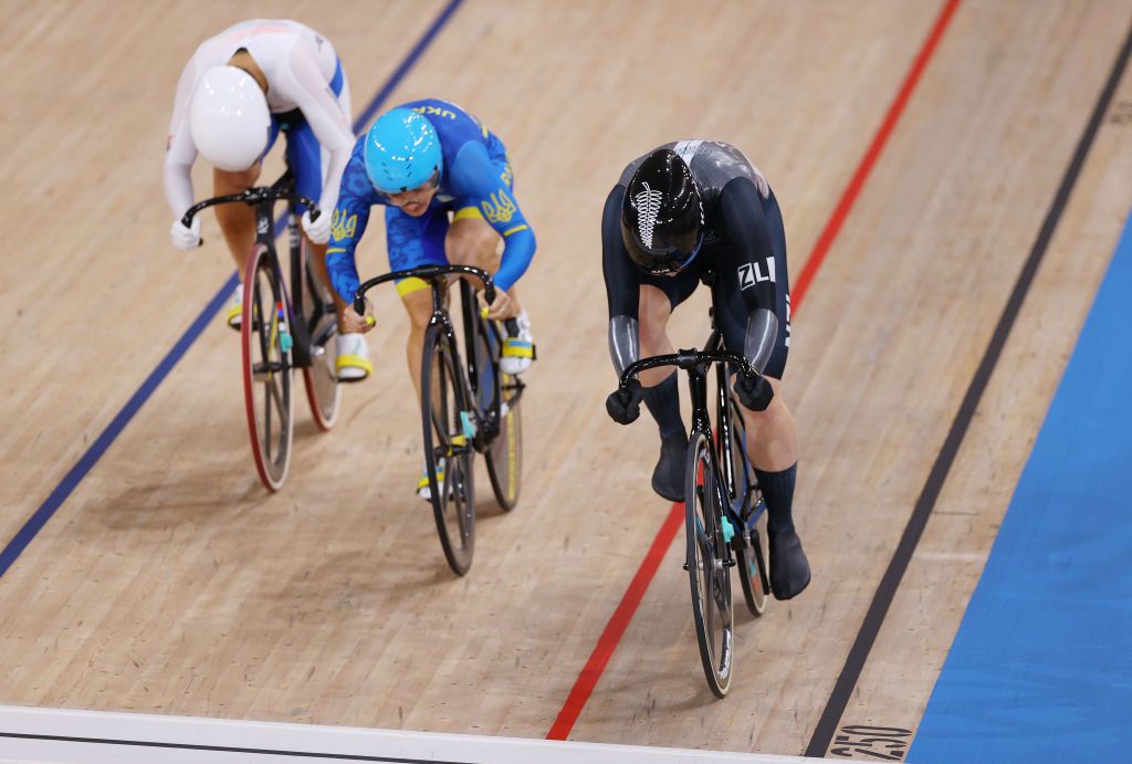 IZU JAPAN AUGUST 04 Ellesse Andrews of Team New Zealand crosses the finishing line ahead of Liubov Basova of Team Ukraine and Hyejin Lee of Team South Korea during the Womens Keirin repechages heat 1 of the track cycling on day twelve of the Tokyo 2020 Olympic Games at Izu Velodrome on August 04 2021 in Izu Japan Photo by Tim de WaeleGetty Images