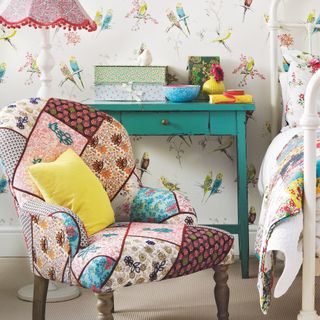 patchwork chair in vintage look bedroom
