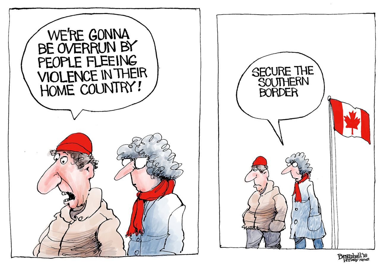 Political cartoon U.S. Canada immigration migrant caravan southern border