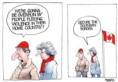 Political cartoon U.S. Canada immigration migrant caravan southern border