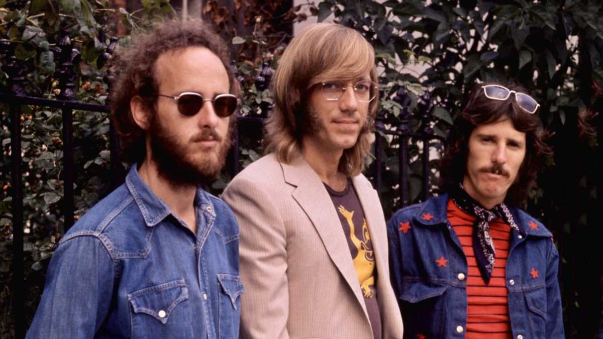 Robby Krieger, Ray Manzarek (1939 - 2013) and John Densmore, of the American rock band The Doors, pose for a group portrait in London, England, August 27, 1970