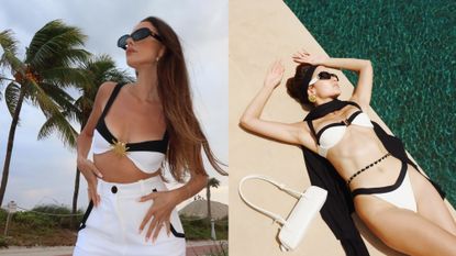 a collage showing the black-and-white swimwear trend on fashion influencers 