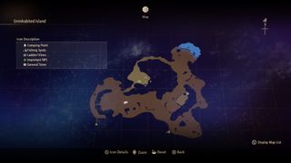 Tales of Arise - a map of the Uninhabited Island showing the cursor centered on an upper central part of the map near a quest marker.