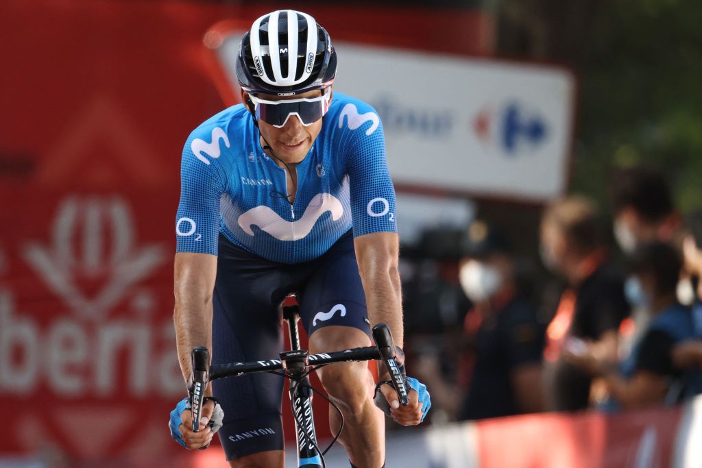 Team Movistars Spanish rider Carlos Verona crosses the finish in second place during the 7th stage of the 2021 La Vuelta cycling tour of Spain a 152 km race from Gandia to Balcon de Alicante in Tibi on August 20 2021 Photo by JOSE JORDAN AFP Photo by JOSE JORDANAFP via Getty Images