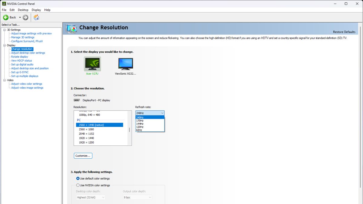 Nvidia control panel in Windows 11