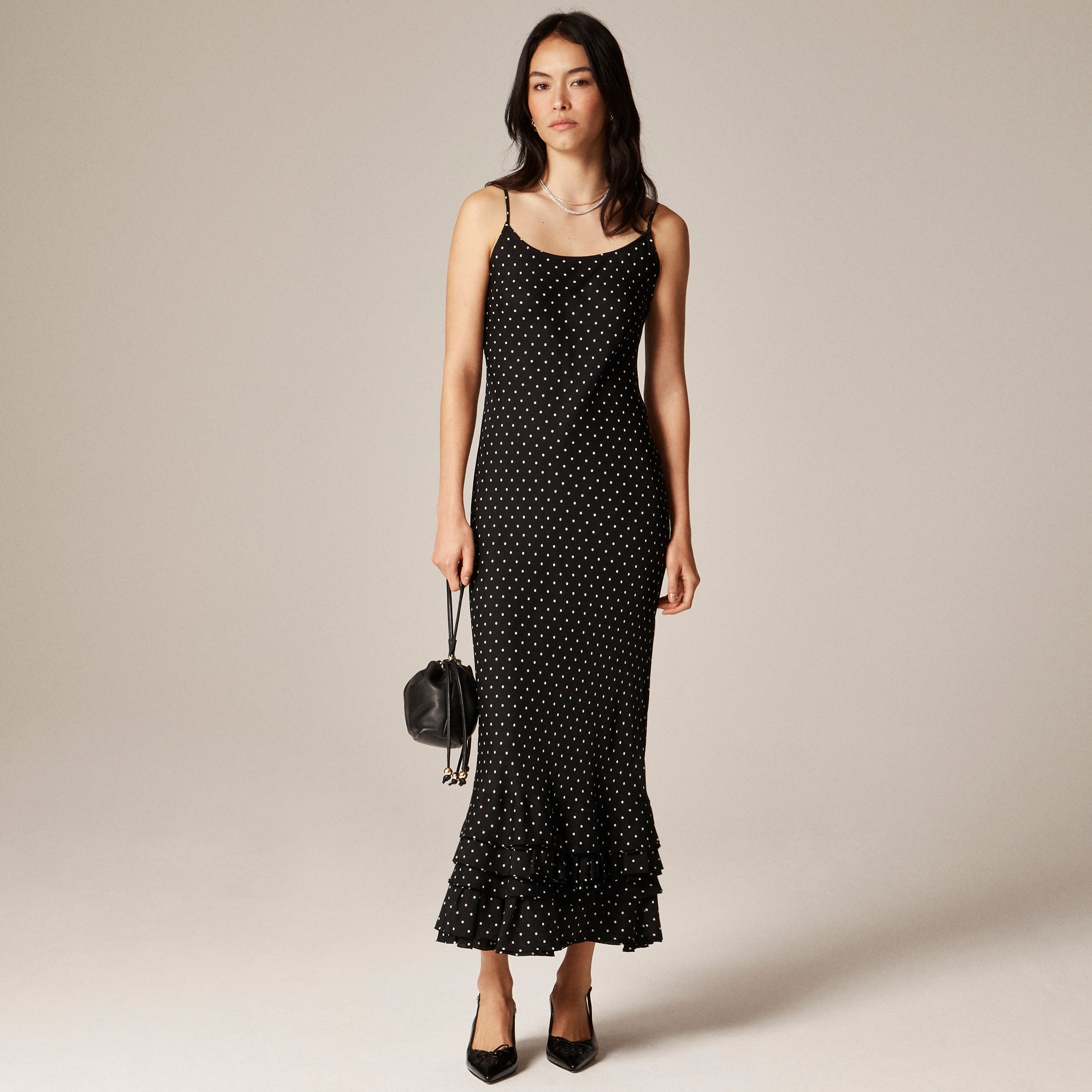 Ruffle-Hem Slip Dress in Dot Print