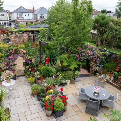 B&Q Gardener of the Year Odette and Rob's zoned garden with container plants, archways and a patio area