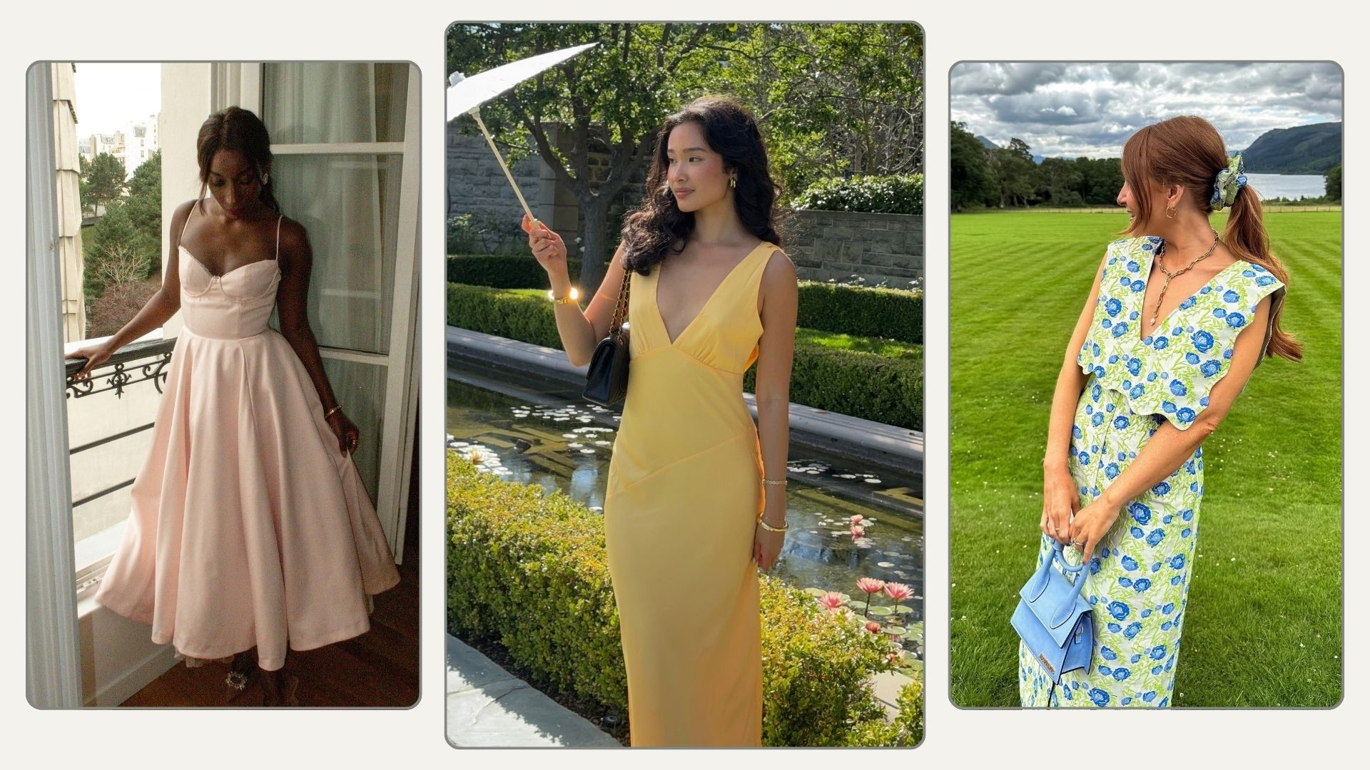 Three women wear wedding guest dresses