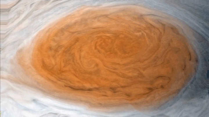 A wind-movement model animates a mosaic image of Jupiter's Great Red Spot made from JunoCam images.