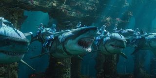 Sharks being ridden into battle by Merfolk in Aquaman
