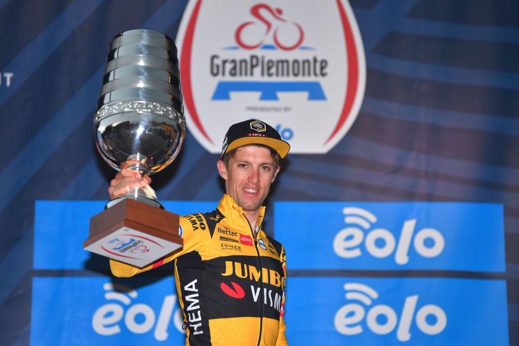 BAROLO ITALY AUGUST 12 Podium George Bennett of New Zealand and Team JumboVisma Celebration Trophy during the 104th Giro del Piemonte 2020 a 187km race from Santo Stefano Belbo to Barolo 294m GranPiemonte GranPiemonte on August 12 2020 Barolo Italy Photo by Tim de WaeleGetty Images