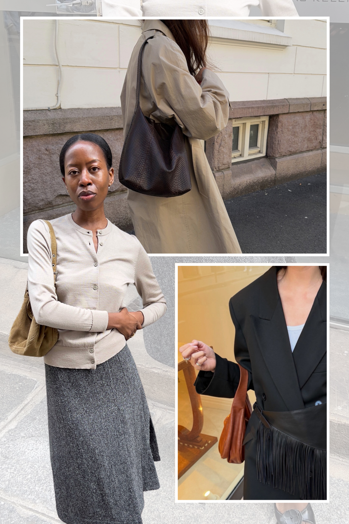 A selection of stylish fashion people carrying soft, minimal-looking shoulder bags in leather and suede