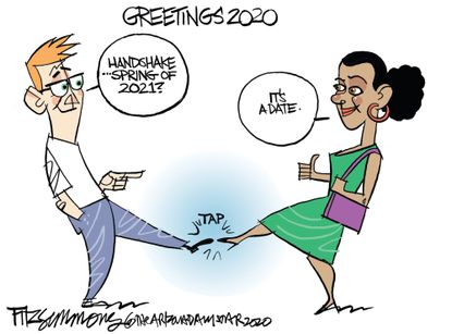 Editorial Cartoon U.S. Coronavirus COVID-19 dating handshakes socializing contact