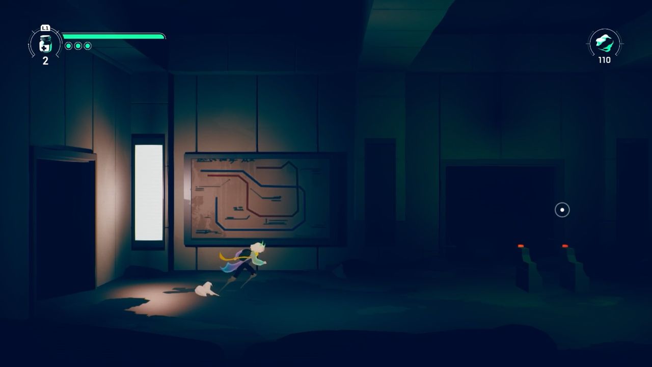 Possessor(s) gameplay showing protagonist running toward enemies in subway with subway map visible in background.