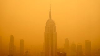 Smoky haze from wildfires in Canada diminishes the visibility of the Empire State Building on June 7, 2023 in New York City. New York topped the list of most polluted major cities in the world on Tuesday night, as smoke from the fires continues to blanket the East Coast.