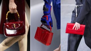 Three models carrying red bags down the catwalk illustrating handbag trends 2024