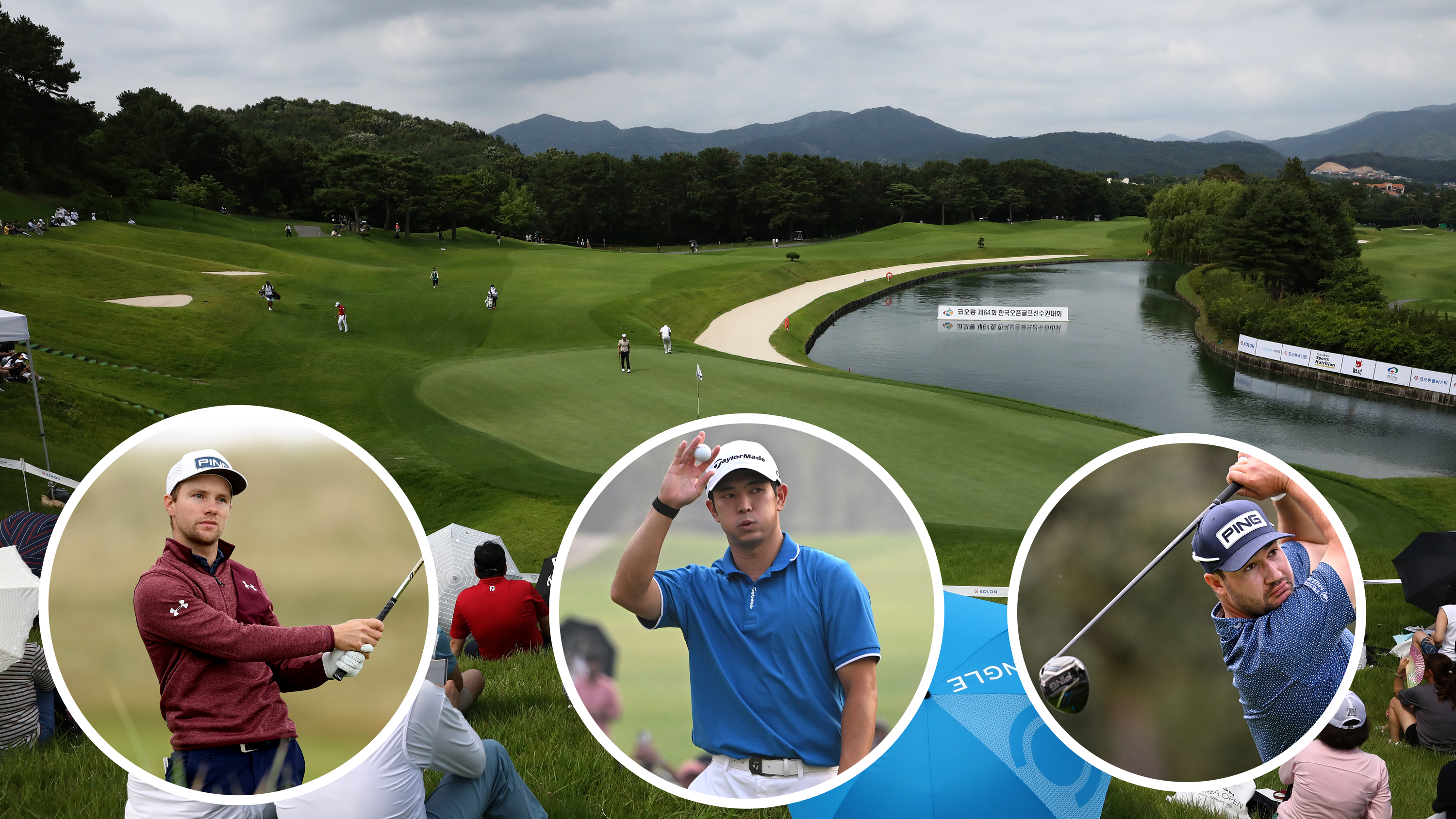 Genesis Championship 2025 host venue Woo Jeong Hills Country Club, with inset images of Rasmus Neergaard-Petersen, Keita Nakajima and Thriston Lawrence - the betting tips of our expert panel
