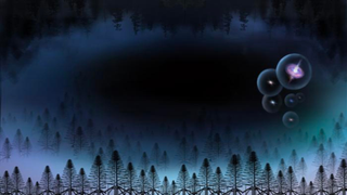 illustration showing several small galaxies encased in bubbles hovering above a forest-like landscape 