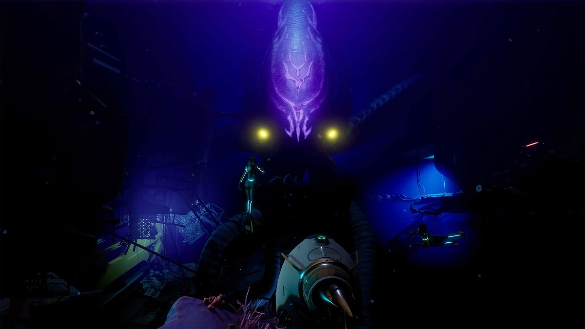 What appears to be a leviathan from Subnautica 2. The only thing visible is its vague squid-like outline, purple hue, and yellow eyes