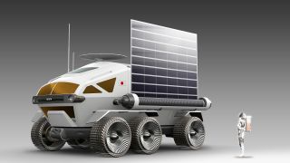 This artist's illustration shows the scale of Toyota's planned pressurized moon rover for astronauts. The auto manufacture is working with the Japan Aerospace Exploration Agency on the project.