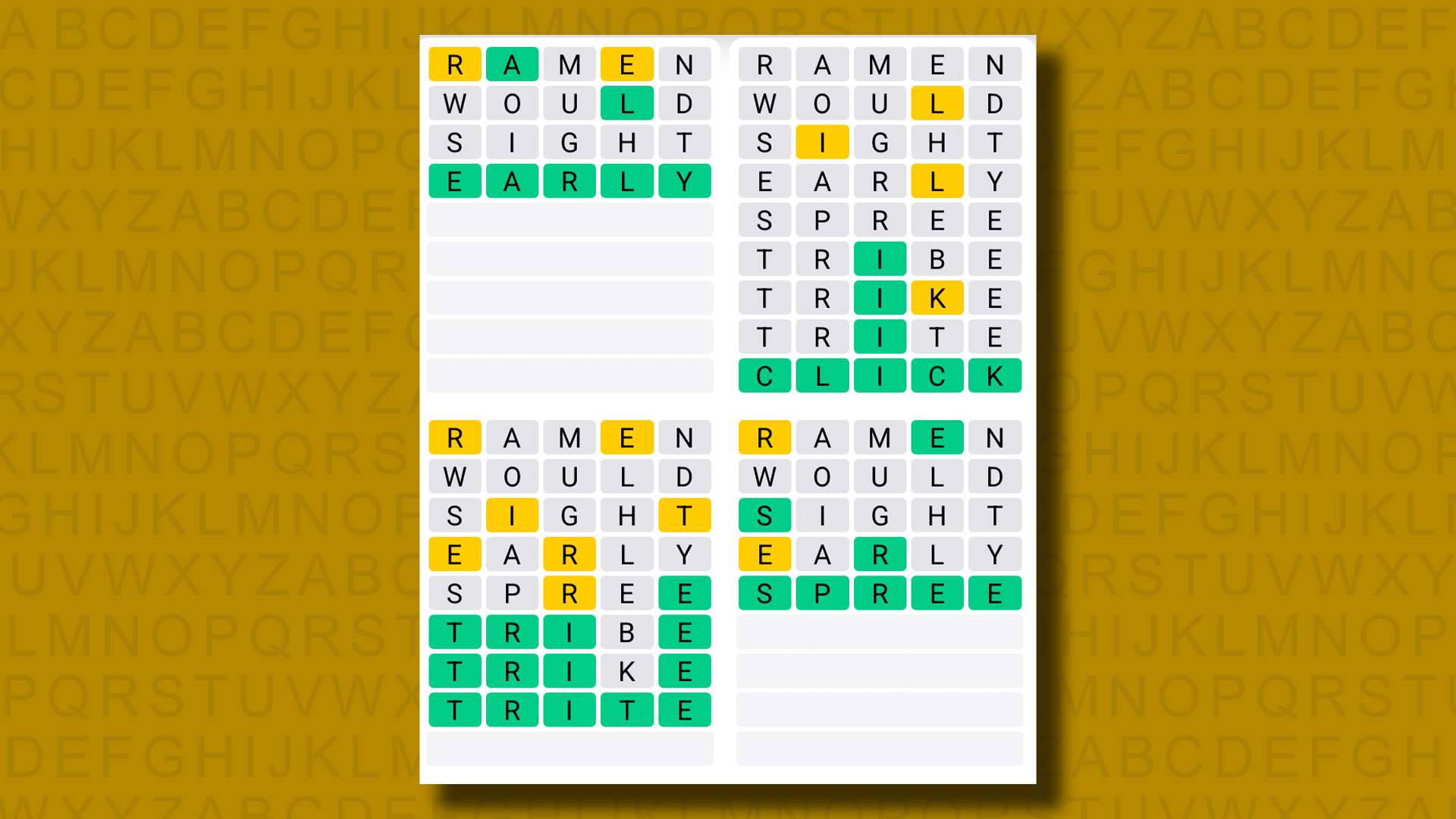 Quordle answers for game 1272 on a yellow background
