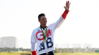 Justin Rose at the medal ceremony having won gold at the 2012 Rio Olympics Games