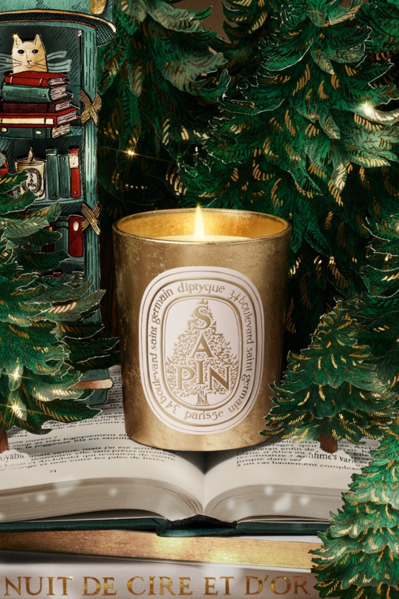 A gold tree-scented candle