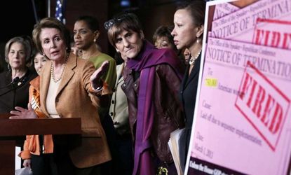 Flanked by Democratic female House members, Minority Leader Rep. Nancy Pelosi speaks about the sequester on Feb. 28.