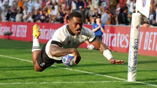 Josua Tuisova scores for Fiji in the team&#039;s 2023 World Cup victory over Australia.