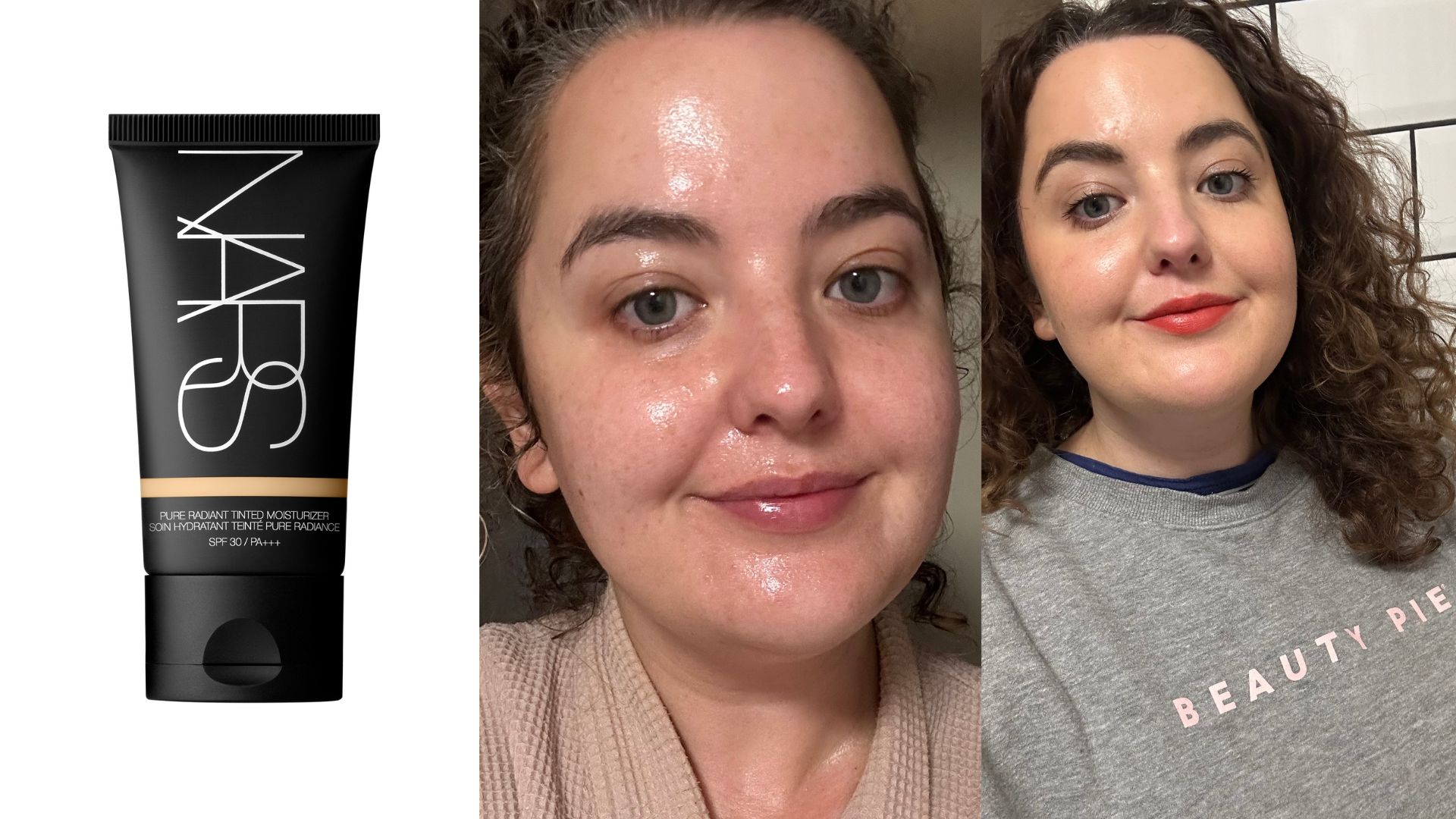 NARS Pure Radiant Tinted Moisturiser SPF 30 next to a before and after of Rhiannon wearing the product