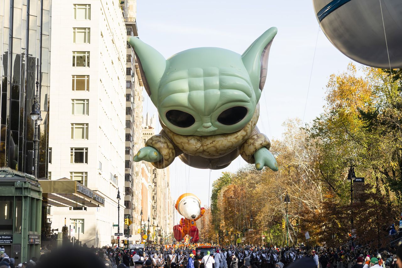 Star Wars' Grogu balloon during the 95th Macy's Thanksgiving Day Parade on November 25, 2021 in New York City.