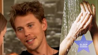 The composite image shows a screen shot of Austin Butler during a taping of The Drew Barrymore show on the left and a pair of hands in the stream of a shower on the right. Inset and overlaid on the right is a purple star with the words 'Celeb Sleep Diaries' on the right