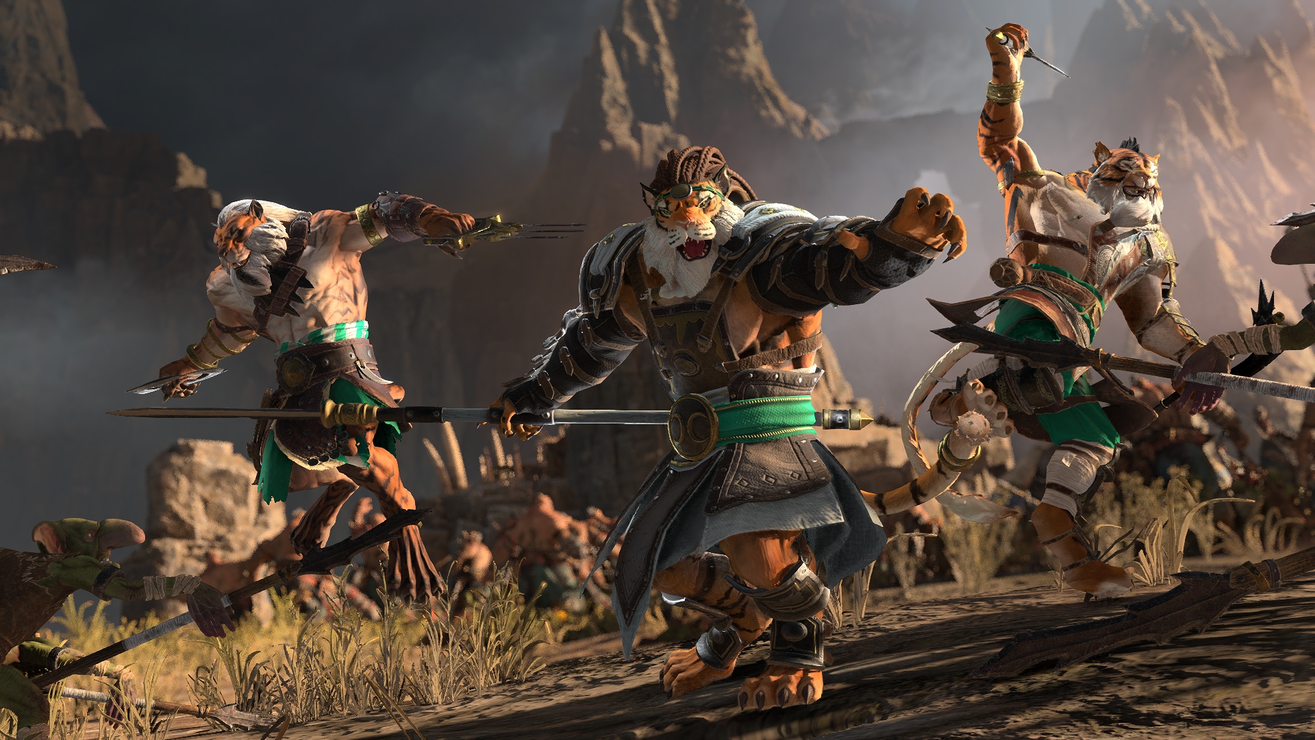 A screenshot of Tiger Warriors in battle from Total War: Warhammer 3's Bhashiva character pack