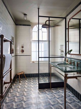 a sophisticated shower room design with patterned floor tiles