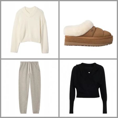 product collage of UGG Tazzlita Slippers, Gap CashSoft Cropped High V-Neck Sweater, Everlane The Off-Duty Joggers, SIMKHAI Riley Wrap Hoodie on white background with grey border 