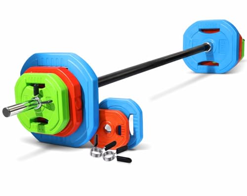 Fk Sports Adjustable Barbell Weights Set, 30kg Complete Studio Pump Set, Multicolor Cast Iron &amp;amp; Rubber Barbell Weights for Home, Strength Training Equipment for Full Body Workout